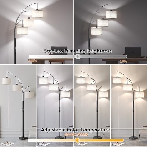 SUNMORY 3 Lights Floor Lamp with Remote Control and 3 Stepless Dimmable Bulbs, 78" Tall Standing Lamp with Hanging Drum Shade & Heavy Base, Modern Arc Floor Lamps for Living Room, Bedroom, Office - Image 2
