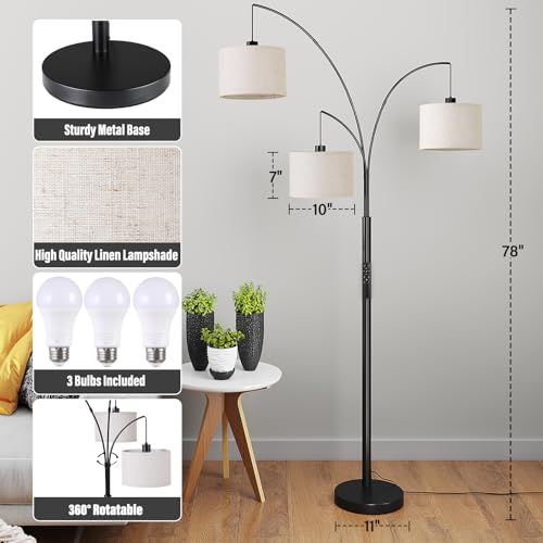 SUNMORY 3 Lights Floor Lamp with Remote Control and 3 Stepless Dimmable Bulbs, 78" Tall Standing Lamp with Hanging Drum Shade & Heavy Base, Modern Arc Floor Lamps for Living Room, Bedroom, Office - Image 3