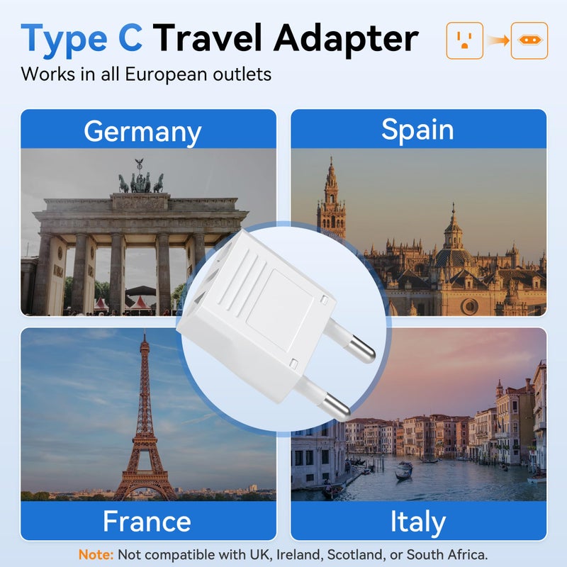 Unidapt 2-pack Europe Travel Plug Adapter, USA to European Plug Adapters, Travel from US Canada America Mexico to EU Europe Italy France Germany Spain Outlets, Type C Pin Converter, 220V Power Plugs - Image 3