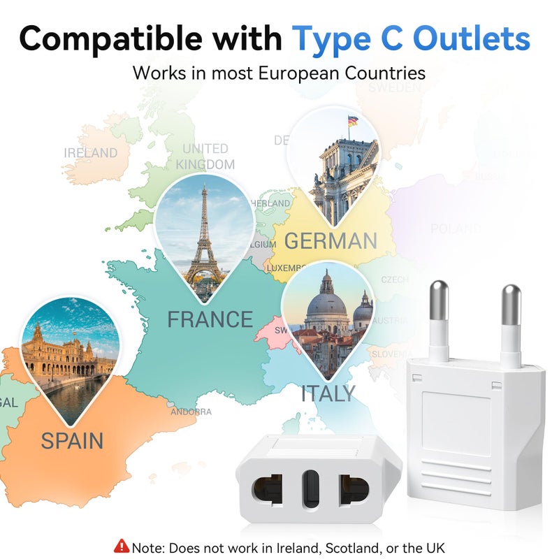 Unidapt 2-pack Europe Travel Plug Adapter, USA to European Plug Adapters, Travel from US Canada America Mexico to EU Europe Italy France Germany Spain Outlets, Type C Pin Converter, 220V Power Plugs - Image 5