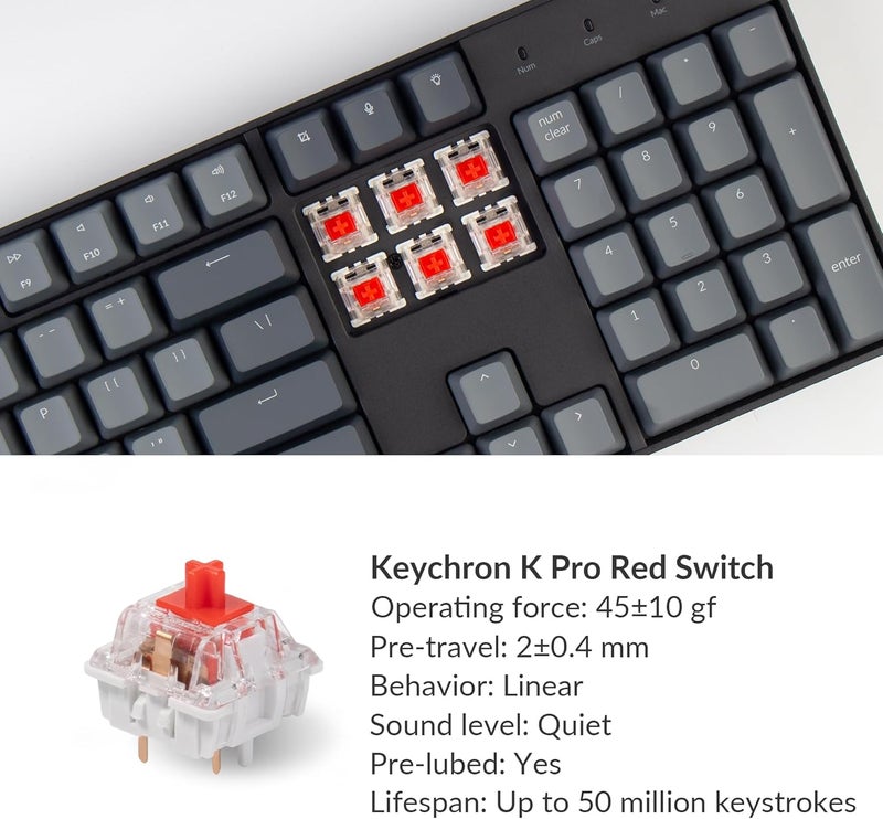 Keychron K10 Full Size 104 Keys Bluetooth Wireless Mechanical Gaming Keyboard for Mac Windows with Super Red Switch, Multitasking/White LED Backlight/USB C Wired Computer Keyboard - Image 4