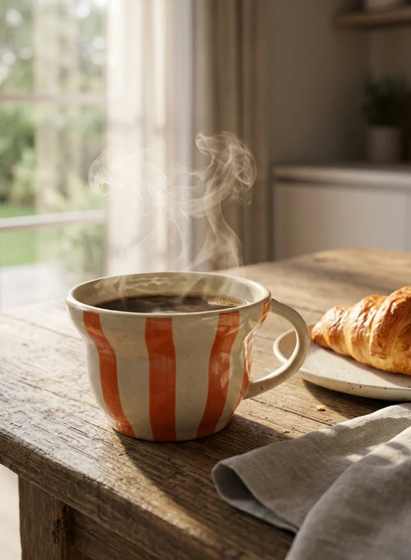 سوق الزعفران كوب فخاري مرسوم يدويًا بخطوط باللون البرتقالي (سعة 8 أونصات)