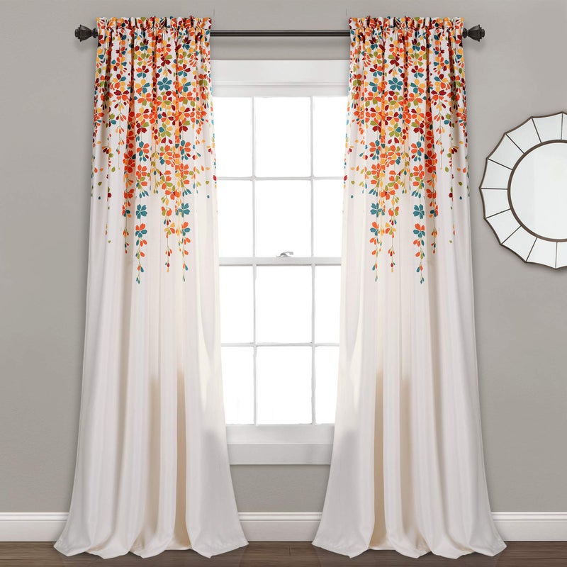 Lush Decor Weeping Flower Light Filtering Window Curtain Panels, Pair, 52"W x 95"L + 2" Header, Turquoise & Tangerine - Charming Modern Floral Curtains for Living Room, Dining Room, & Bedroom - Image 1