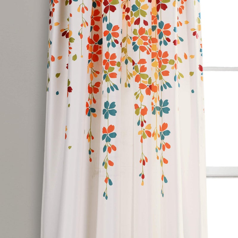 Lush Decor Weeping Flower Light Filtering Window Curtain Panels, Pair, 52"W x 95"L + 2" Header, Turquoise & Tangerine - Charming Modern Floral Curtains for Living Room, Dining Room, & Bedroom - Image 3