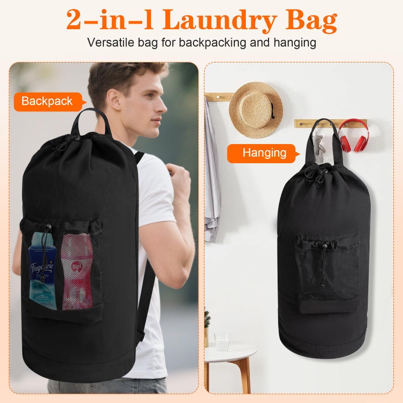 NAHADS Canvas backpack laundry bag, laundry backpack with shoulder straps and mesh pockets, durable laundry basket bag with drawstring closure, suitable for college, laundromats, and apartments. - Image 4