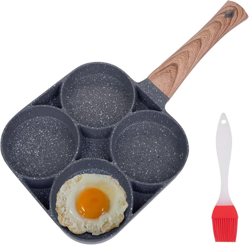 KONSSEE 4-Cup Fried Egg Frying Pan with Brush for Oil, Non-Stick Poached Egg Pan Pancake Skillet for Burger, Omelet, Outdoor Camping, 13.5 x 7 Inches - Image 1