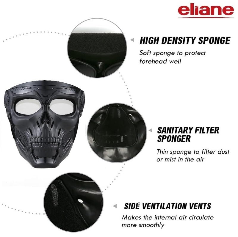 Eliane Goggle Mask Anti Scratch UV Protective Face & Eyewear Windproof Dirt Shield with Soft Foam Padded Detachable Mouth Filter for Cycling Bike Off Road Racing Ride Unisex (Transparent Goggle Skull) - Image 3