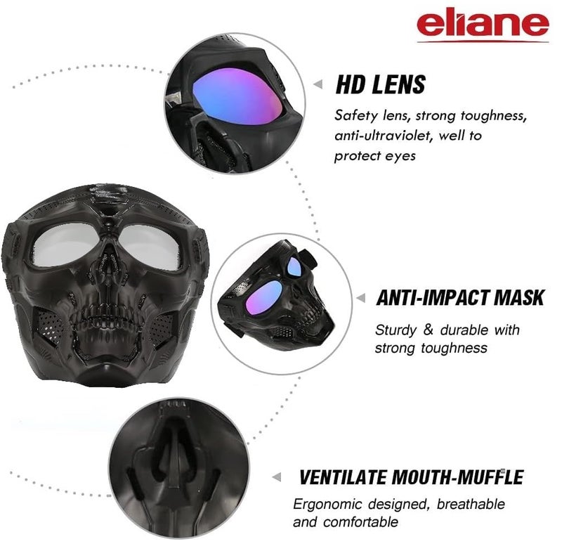 Eliane Goggle Mask Anti Scratch UV Protective Face & Eyewear Windproof Dirt Shield with Soft Foam Padded Detachable Mouth Filter for Cycling Bike Off Road Racing Ride Unisex (Transparent Goggle Skull) - Image 5