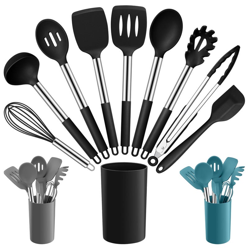 Joyfair Kitchen Utensils Set 10 Pcs Silicone Cooking Utensils Set with Stainless Steel Handle Heat Resistant Cooking Tools Spatula Turner Spoon with Holder Dishwasher Safe  Non Scratch Black