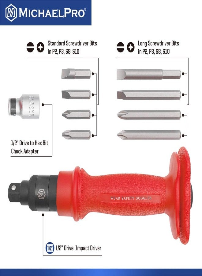 MichaelPro 1/2 Inch Drive Impact Driver Set, 10-Piece Manual Reversible Impact Screwdriver with Standard and Extra Long Slotted and Phillips Screwdriver Bits, Hex Bit Chuck Adapter, Storage Case - Image 3