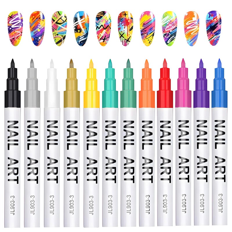 Gorvalin Nail Art Pens for Nail Painting, 12 Colors 0.7mm Nail Art Marker Pens for Valentine' Day Painting Nail Point Graffiti Dotting Liner Pen for Home Salon Quick Dry Manicure - Image 1