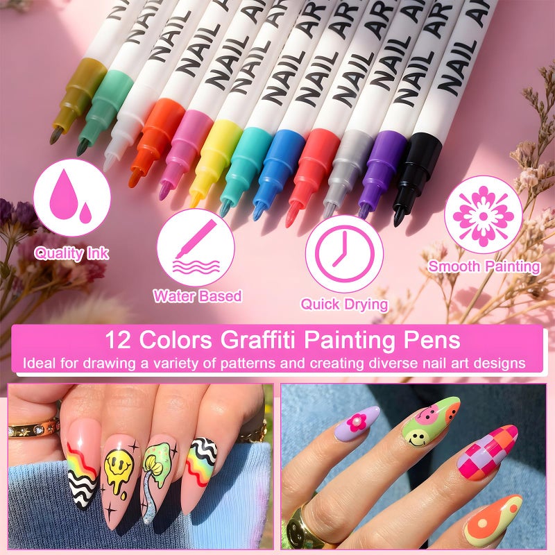 Gorvalin Nail Art Pens for Nail Painting, 12 Colors 0.7mm Nail Art Marker Pens for Valentine' Day Painting Nail Point Graffiti Dotting Liner Pen for Home Salon Quick Dry Manicure - Image 2