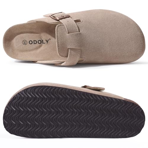 ODOLY Genuine Suede Clogs for Women Men Soft Cork Footbed Leather Mules Comfort Potato Shoes with Arch Support, Taupe 44 - Image 5