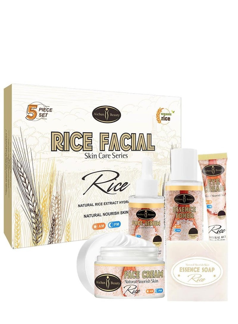 Aichun beauty Organic Rice Facial Skin Care Set Hydrate Rejuvenating Essence Soap Toner Face Serum Eye Cream Gift Box 100g+100ml+40ml+50ml+25ml 5PCS - Image 1