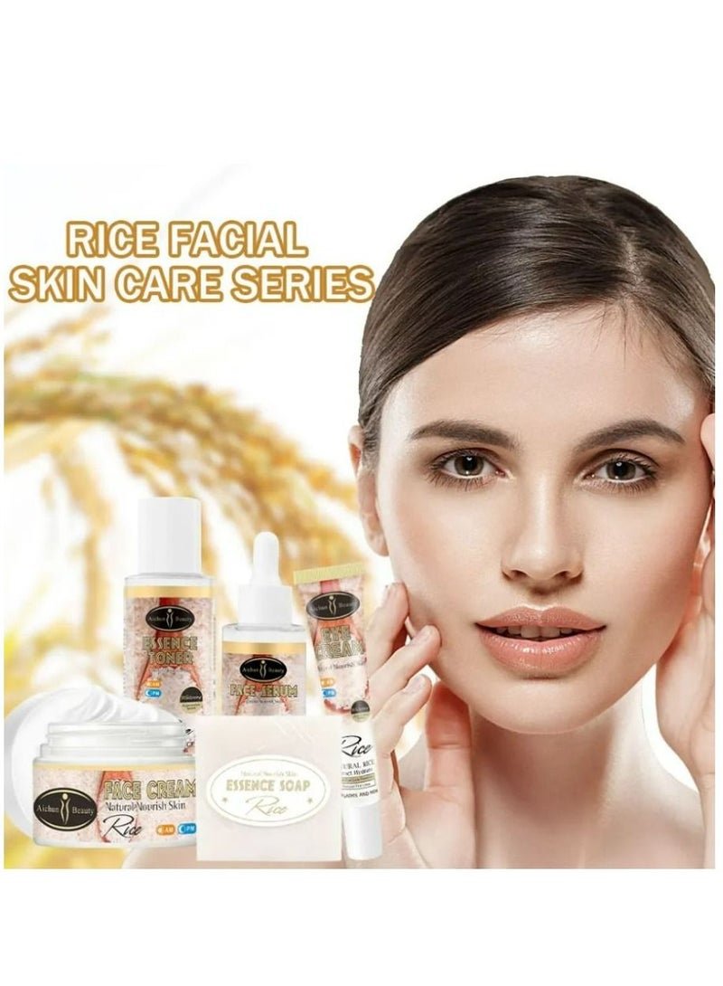 Aichun beauty Organic Rice Facial Skin Care Set Hydrate Rejuvenating Essence Soap Toner Face Serum Eye Cream Gift Box 100g+100ml+40ml+50ml+25ml 5PCS - Image 2