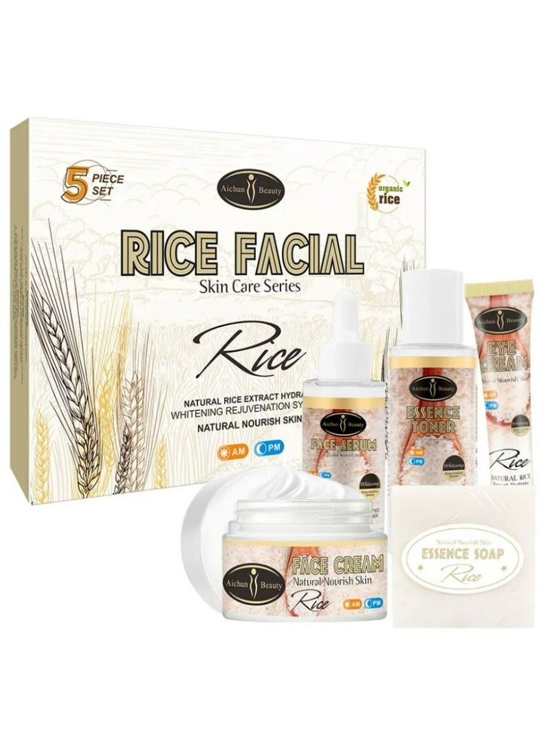 Aichun beauty Organic Rice Facial Skin Care Set Hydrate Rejuvenating Essence Soap Toner Face Serum Eye Cream Gift Box 100g+100ml+40ml+50ml+25ml 5PCS - Image 5