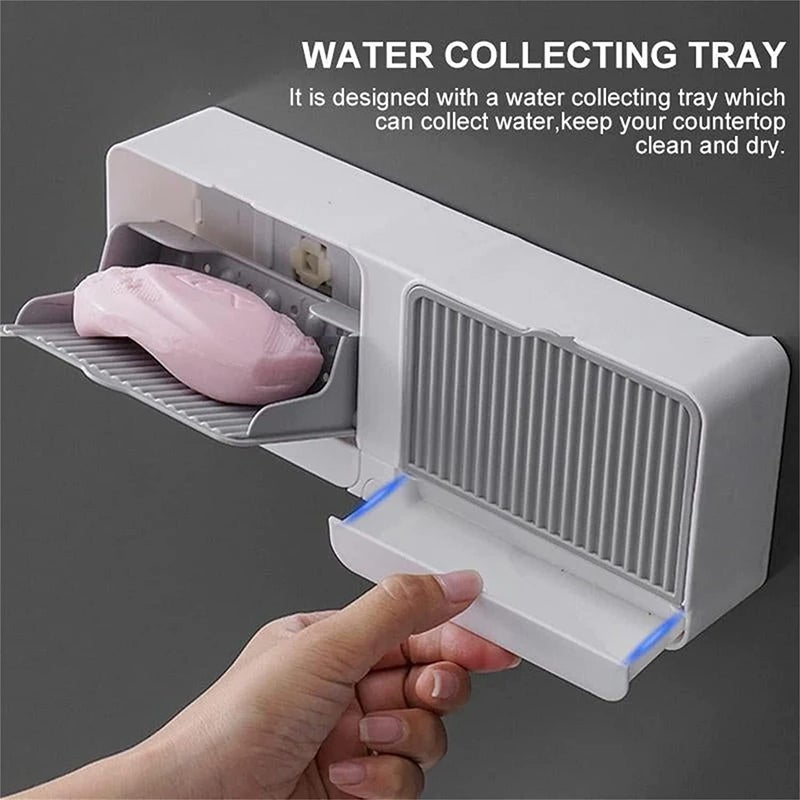 comfrt Wall-Mounted Soap Holder - Self Adhesive Soap Box - New-Upgrade Soap Dish Holder for Bathroom - Flip-Top Design & with Drainage Hole and Catch Water Container - Keep Soap Bars Dry (C-White) - Image 4