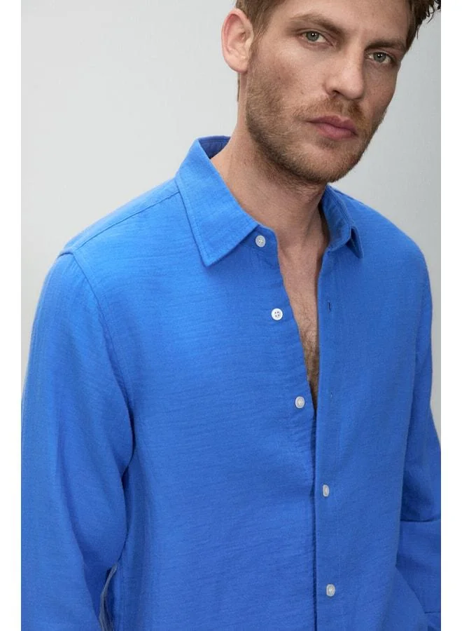 Grimelange RAIMO Men's 100% Cotton Cuff Long Sleeve Comfort Fit Parliament Blue Shirt.