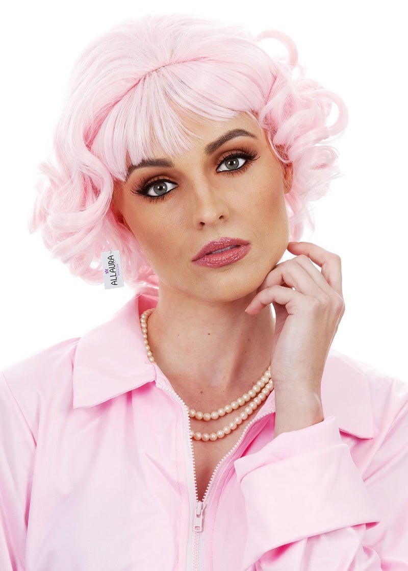 ALLAURA Compatible with Pink Ladies Costume Short Curly Pink Wig for Women 50s Frenchie Character Wig for Grease Cosplay Retro Parties Themed Events Halloween Rockabilly Vintage Looks