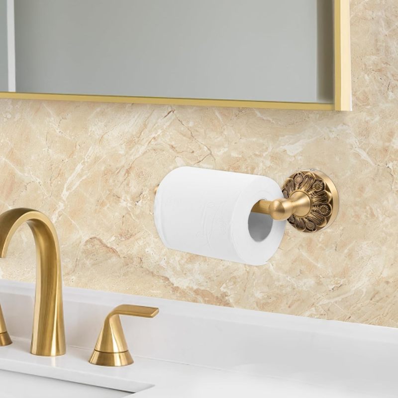 Antique Brass Toilet Paper Holder Petal-Embossed Wall Mounted - Vintage Gold Bathroom Accessory for Classic Decor - Image 2