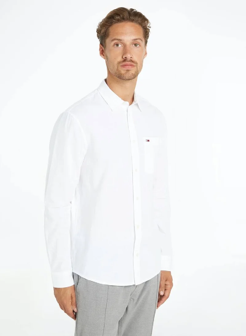 TOMMY JEANS Men's Regular Fit Linen Blend Long Sleeves Shirt - Cotton/ Linen, White