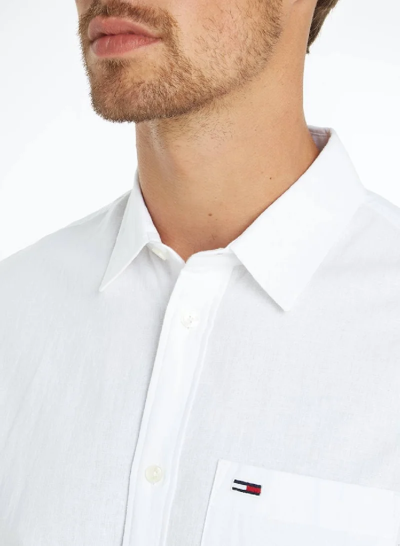 TOMMY JEANS Men's Regular Fit Linen Blend Long Sleeves Shirt - Cotton/ Linen, White