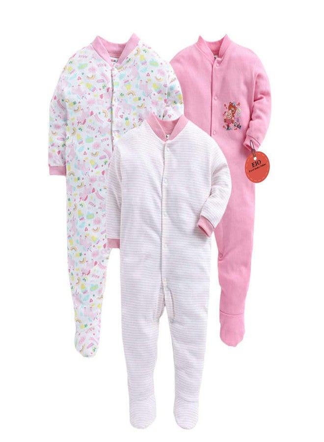 EIO Baby's Cotton All Over Print Sleepsuit Pack Of 3 (A-90-1_Pink_6 Months-9 Months) - Image 1
