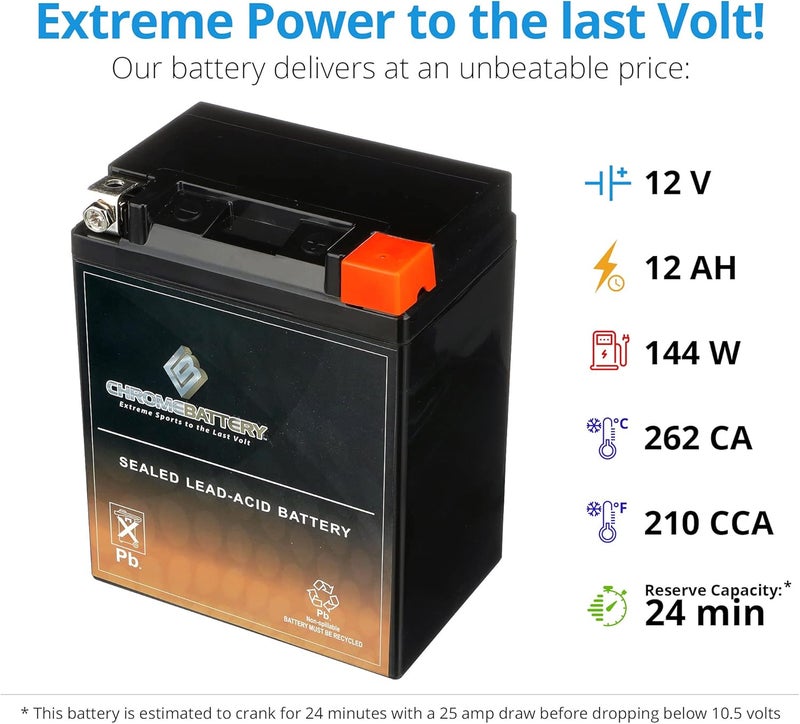 CB CHROMEBATTERY بطارية YTX14AHL-BS 12 فولت 210 CCA AGM – بطارية 14 Ah خالية من الصيانة للدراجات الرباعية، الدراجات النارية، السكوتر، والدراجات الجانبية – طرف صمولة ومسمار T3 – تناسب بولاريس سكريمبلر 90، هوندا سبري، كاواساكي KLX110 - Image 4