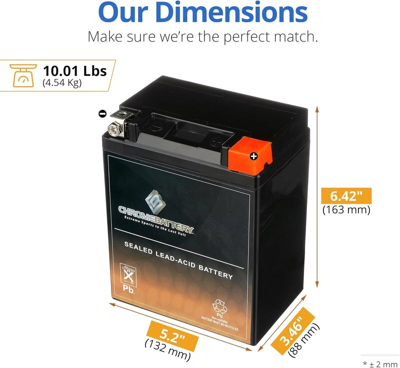 CB CHROMEBATTERY بطارية YTX14AHL-BS 12 فولت 210 CCA AGM – بطارية 14 Ah خالية من الصيانة للدراجات الرباعية، الدراجات النارية، السكوتر، والدراجات الجانبية – طرف صمولة ومسمار T3 – تناسب بولاريس سكريمبلر 90، هوندا سبري، كاواساكي KLX110 - Image 3