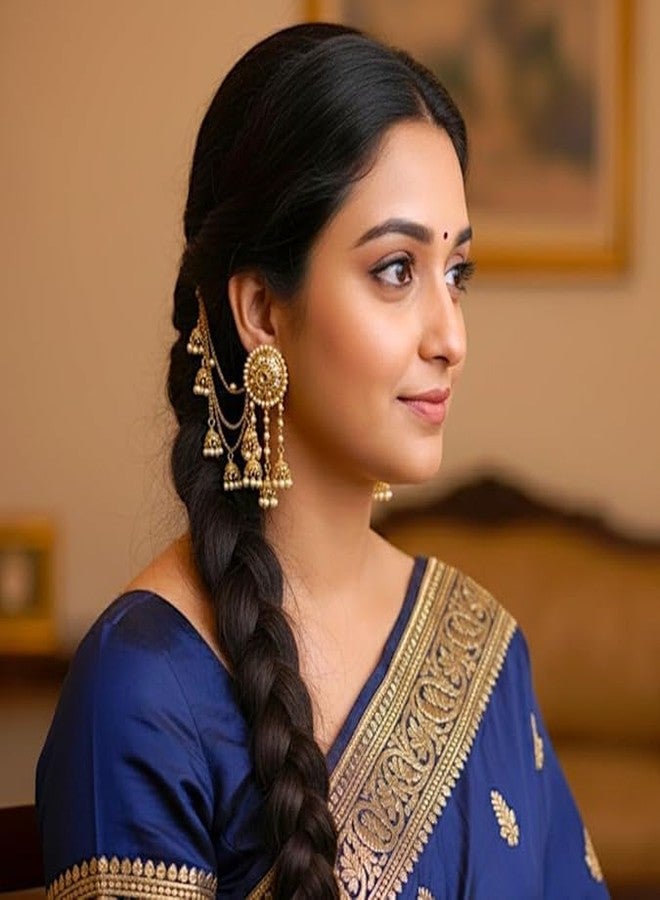 ACCESSHER Women's & Girls Gold-Tone Teardrop Long Jhumka Earrings Jhumki with Pearl drop Multilayer Ear Chain Supporter | Traditional Bridal Jhumka Jewellery for Wedding - Image 4