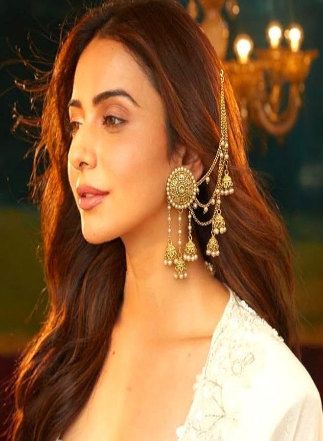 ACCESSHER Women's & Girls Gold-Tone Teardrop Long Jhumka Earrings Jhumki with Pearl drop Multilayer Ear Chain Supporter | Traditional Bridal Jhumka Jewellery for Wedding - Image 2