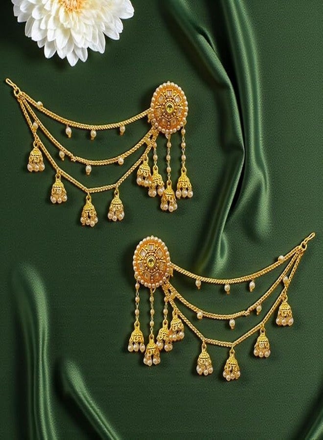 ACCESSHER Women's & Girls Gold-Tone Teardrop Long Jhumka Earrings Jhumki with Pearl drop Multilayer Ear Chain Supporter | Traditional Bridal Jhumka Jewellery for Wedding - Image 3