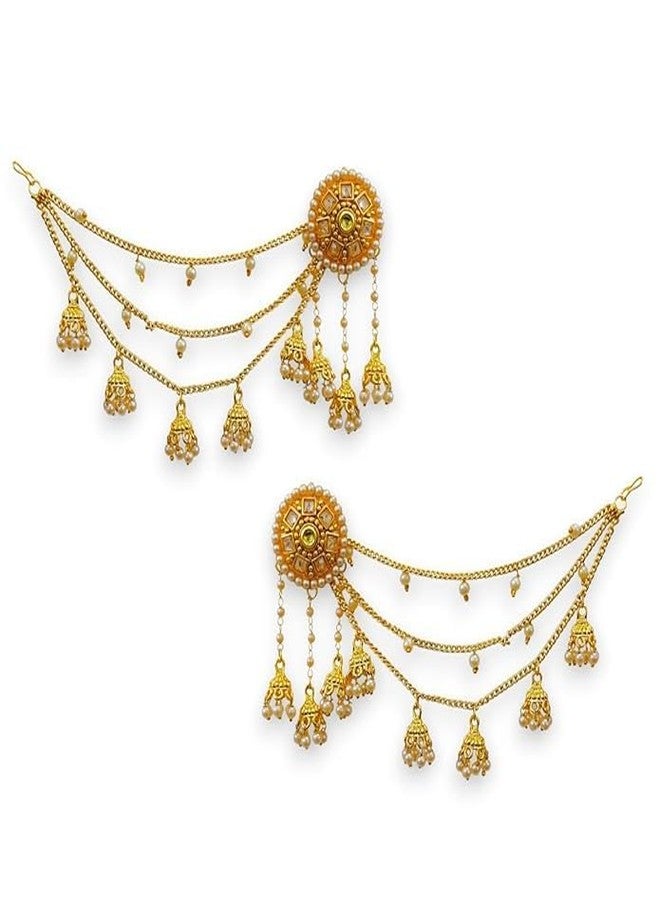 ACCESSHER Women's & Girls Gold-Tone Teardrop Long Jhumka Earrings Jhumki with Pearl drop Multilayer Ear Chain Supporter | Traditional Bridal Jhumka Jewellery for Wedding - Image 1