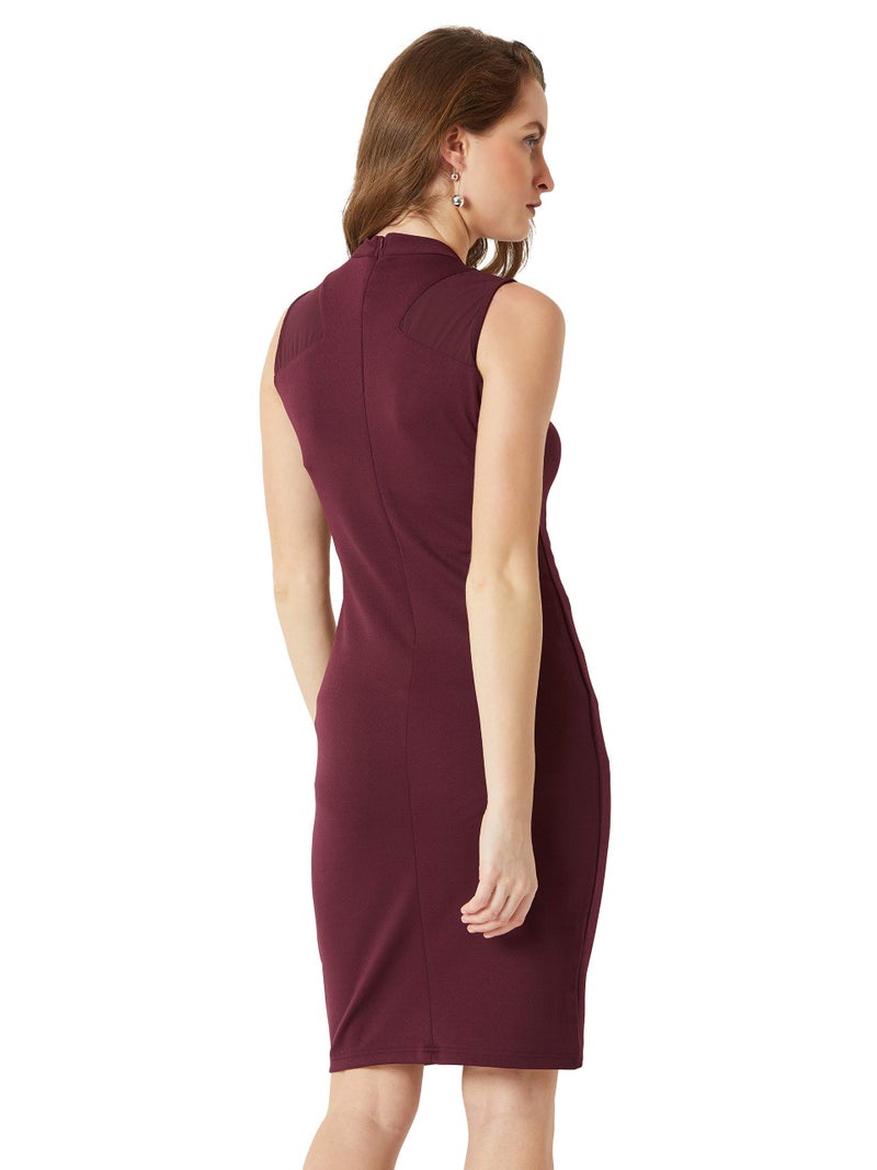 Miss Chase Women's Wine Red Round Neck Sleeveless Solid Semi Sheer Detailing Paneled Bodycon Knee-Long Dress (MCAW18D10-98-184_Wine Red_L) - Image 4
