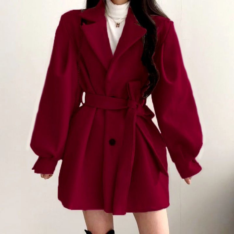 South Korea chic autumn and winter vintage suit collar two-button strap waist lantern sleeve small woolen coat women Burgundy [free belt] 