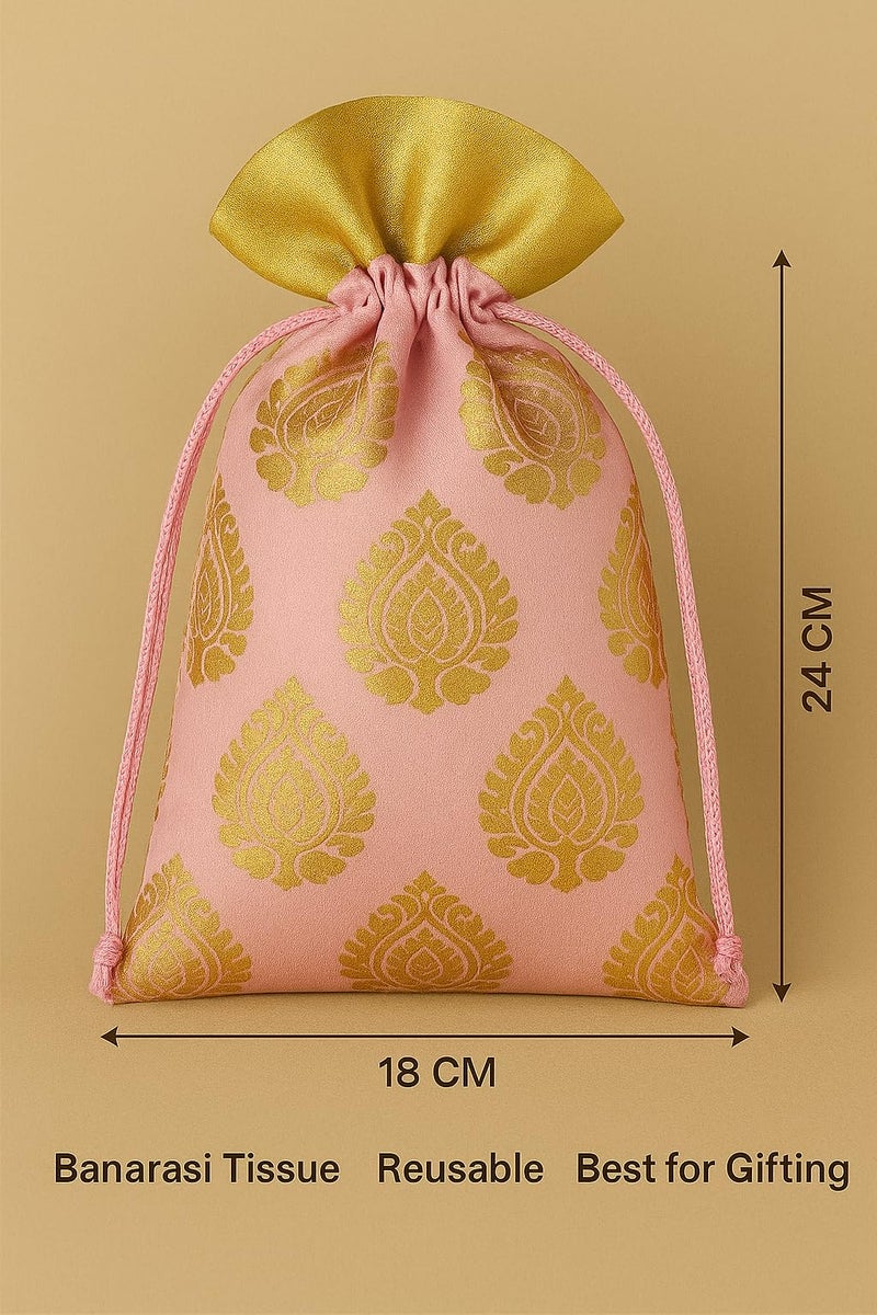 Abhaas 10PCS Drawstrings Potli Bag for Gifting | 23X18CM | for Ladies Wedding, Party Bag Potli Leaf Print for Women Kitty Parties Reusable Return Gift Purpose, Shagun Pouch, Candy Bags - Image 2