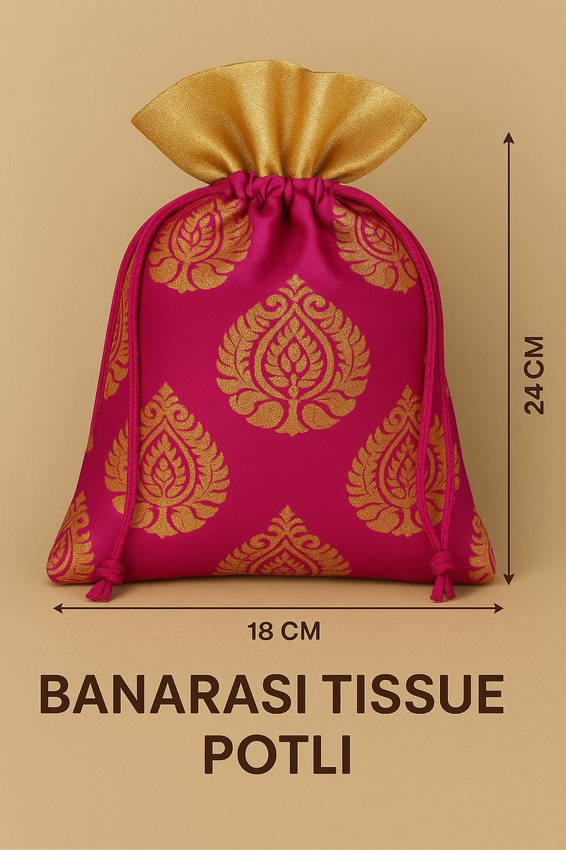 Abhaas 10PCS Drawstrings Potli Bag for Gifting | 23X18CM | for Ladies Wedding, Party Bag Potli Leaf Print for Women Kitty Parties Reusable Return Gift Purpose, Shagun Pouch, Candy Bags - Image 5