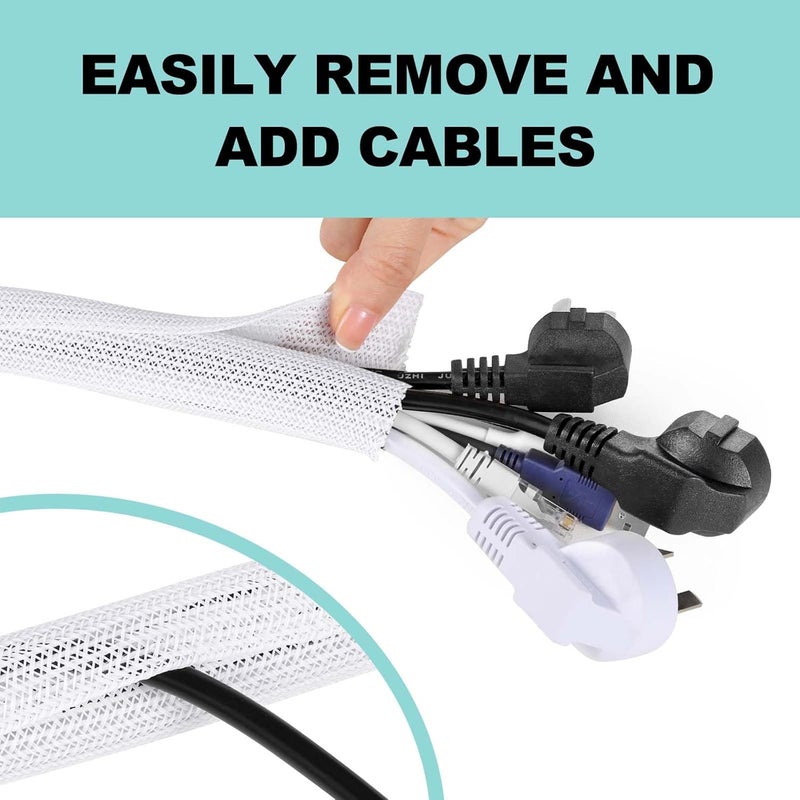 AGPTEK Cable Management Sleeve Cover, 10ft - 1 inch Cord Management System for Desk PC TV Computer Projector Wires Protection and Organization, Home, Theater and Office, White - Image 4
