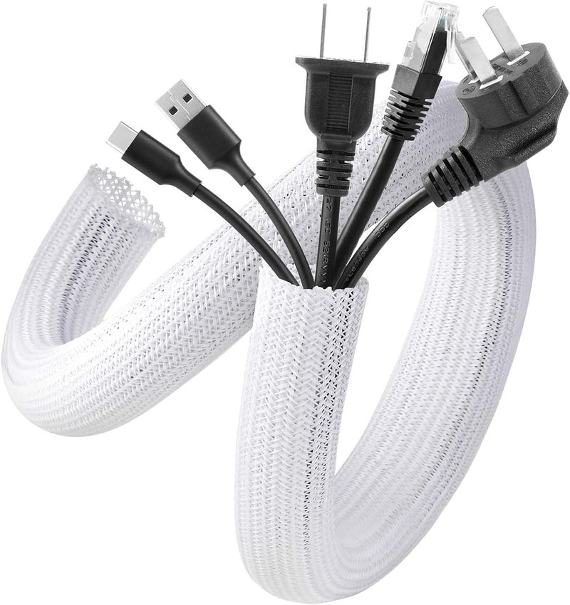 AGPTEK Cable Management Sleeve Cover, 10ft - 1 inch Cord Management System for Desk PC TV Computer Projector Wires Protection and Organization, Home, Theater and Office, White - Image 1