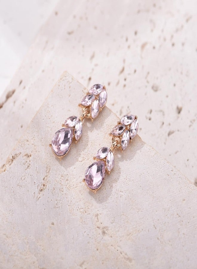 WanBigVa Light Pink Rhinestone Teardrop Dangle Earrings Cute Elegant Crystal Bridal Wedding Earrings for Women Party Prom Dainty Jewelry - Image 3