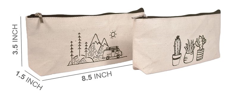 Daffodil Canvas Pencil Pouch for Men & Women - Multipurpose Printed Cosmetic & Paint Brush Pouch (Cactus Car) - Image 2