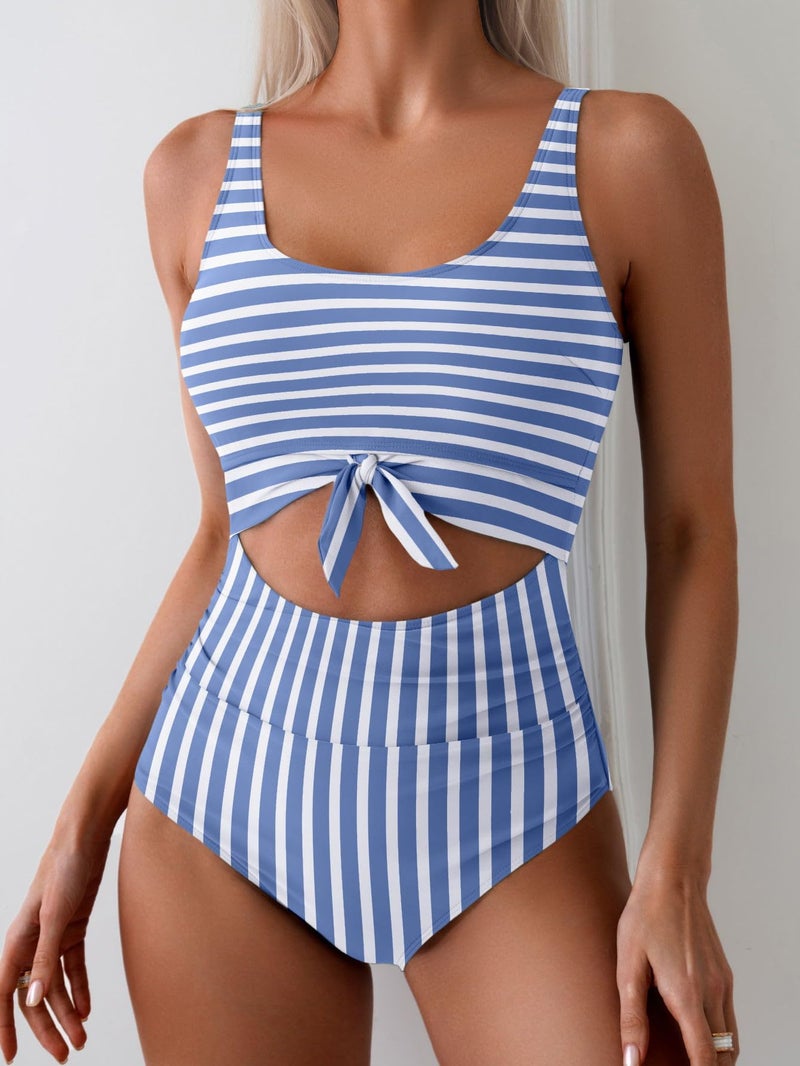 Eomenie Women's One Piece Swimsuit Tummy Control Slimming Bathing Suit Cutout Tie Knot Swimwear Blue Striped - Image 3