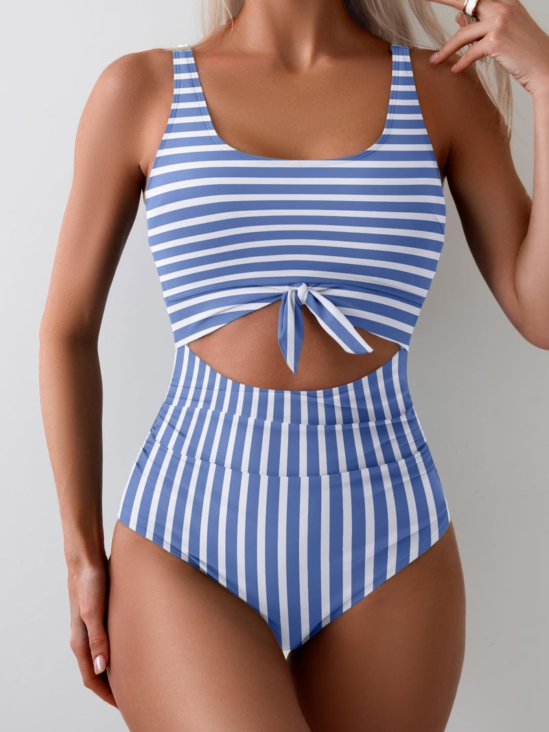 Eomenie Women's One Piece Swimsuit Tummy Control Slimming Bathing Suit Cutout Tie Knot Swimwear Blue Striped - Image 4