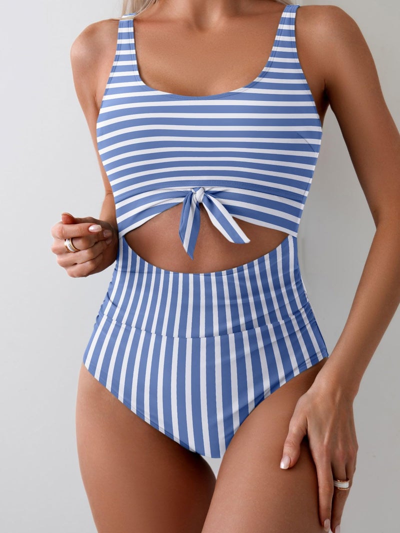 Eomenie Women's One Piece Swimsuit Tummy Control Slimming Bathing Suit Cutout Tie Knot Swimwear Blue Striped - Image 2