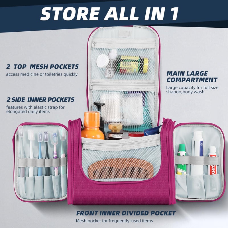 Buruis Large Capacity Waterproof Toiletry Bag For Women  Hanging Toiletry Organizer  11""X 6.2""X 8.8""  Fushcia - Image 2