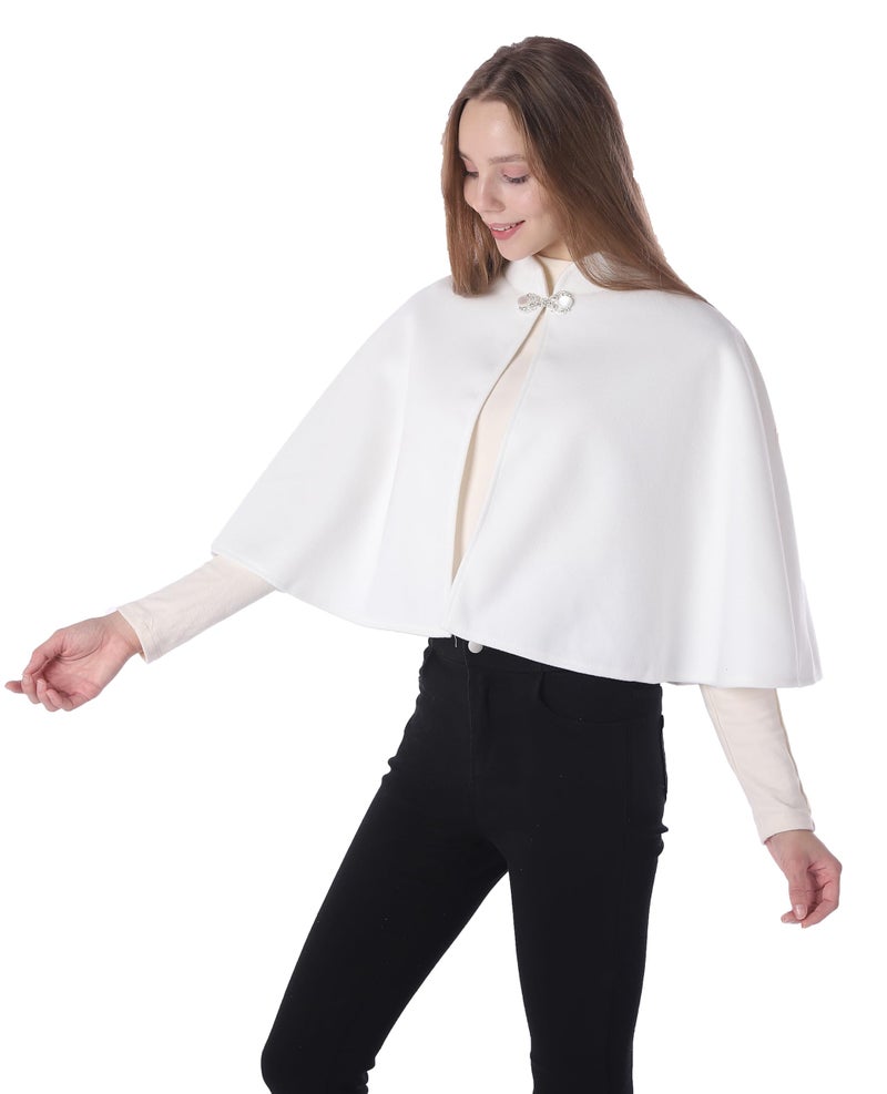 Baoqiya Wool Blend Capelet Capes Hooded Warm Poncho Bridal Stole Cape shawl for women (Ivory) - Image 3