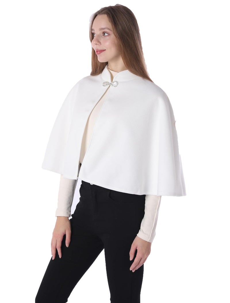 Baoqiya Wool Blend Capelet Capes Hooded Warm Poncho Bridal Stole Cape shawl for women (Ivory) - Image 2