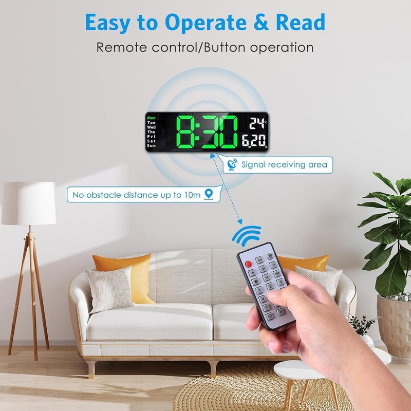 Astrometric 15-Inch Digital Wall Clock with Large LED Display – Remote Control, Auto-Dimming, Night Light, Date, Day, Temperature, DST Function – Ideal for Living Room, Bedroom (Green & White) - Image 4
