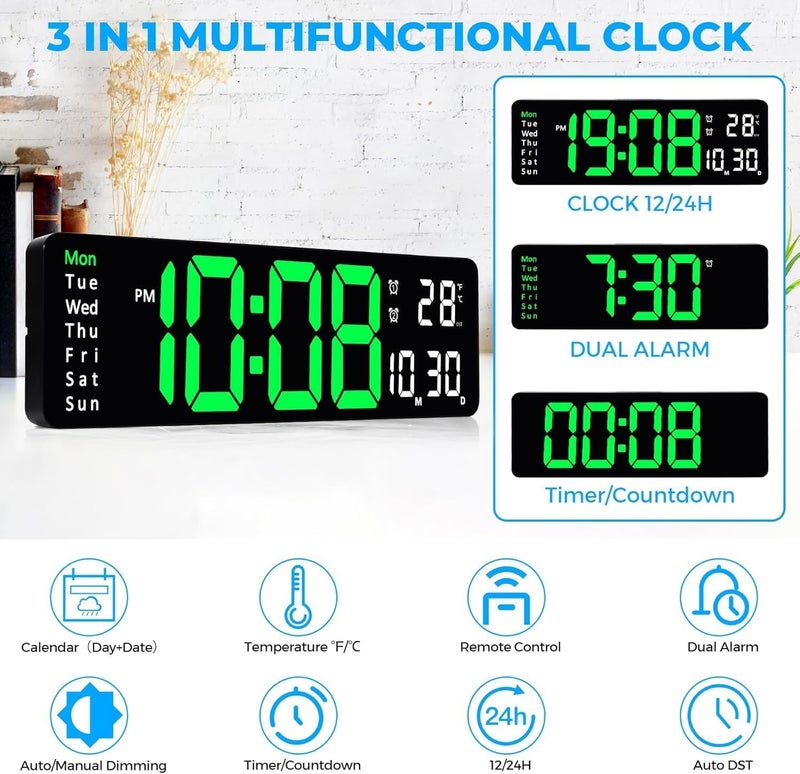 Astrometric 15-Inch Digital Wall Clock with Large LED Display – Remote Control, Auto-Dimming, Night Light, Date, Day, Temperature, DST Function – Ideal for Living Room, Bedroom (Green & White) - Image 3