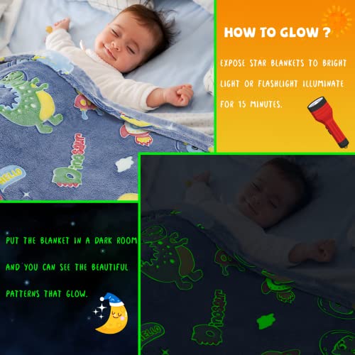 REXEO Glow in The Dark Blanket Dinosaur Gifts Toys for Boys Birthday Gifts for Kids 1 2 3 4 5 6 7 8 9 10 Year Old Kids Blanket Glowing Dinosaur Room Decor Blankets for Toddler - Image 3
